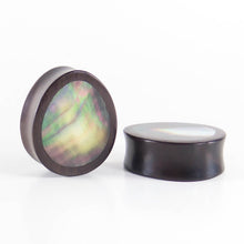 Load image into Gallery viewer, Black Wood Double Flared Oval Plugs with Black Pearl Shell Inlay