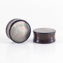 Load image into Gallery viewer, Black Wood Double Flared Plugs with Black Pearl Shell Inlay