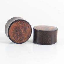Load image into Gallery viewer, Black Wood Double Flared Plugs with Burl Walnut Inlay
