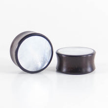 Load image into Gallery viewer, Black Wood Double Flared Plugs with Mother of Pearl Inlay