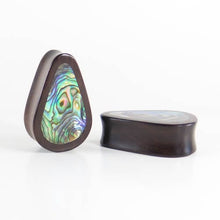 Load image into Gallery viewer, Black Wood Double Flared Tall Teardrop Plugs with Abalone Shell Inlay
