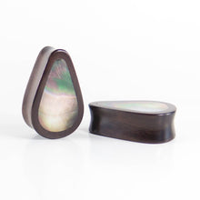 Load image into Gallery viewer, Black Wood Double Flared Tall Teardrop Plugs with Black Pearl Shell Inlay