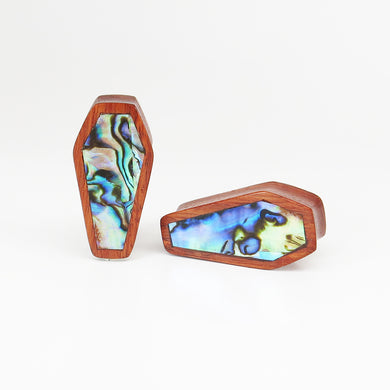 Red Wood Double Flared Coffin Plugs with Abalone Shell Inlay