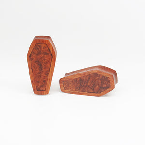 Red Wood Double Flared Coffin Plugs with Burl Walnut Inlay