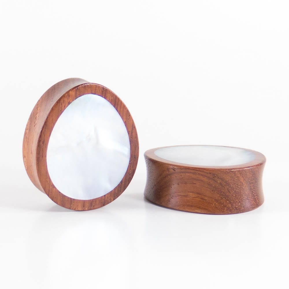 Red Wood Double Flared Oval Plugs with Mother of Pearl Shell Inlay