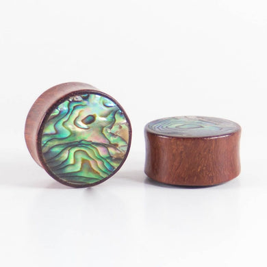 Red Wood, Double Flared Round Plugs with Abalone Shell Inlay
