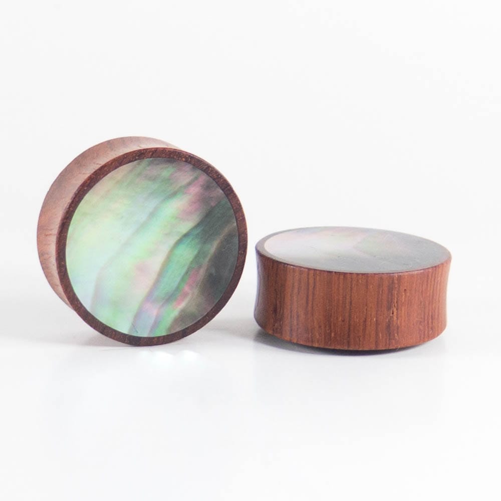 Red Wood Double Flared Plugs with Black Pearl Shell Inlay