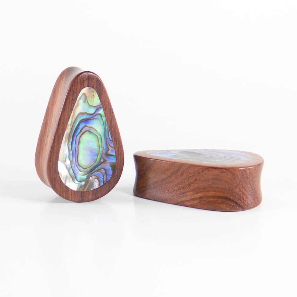 Red Wood Double Flared Tall Teardrop Plugs with Abalone Shell Inlay