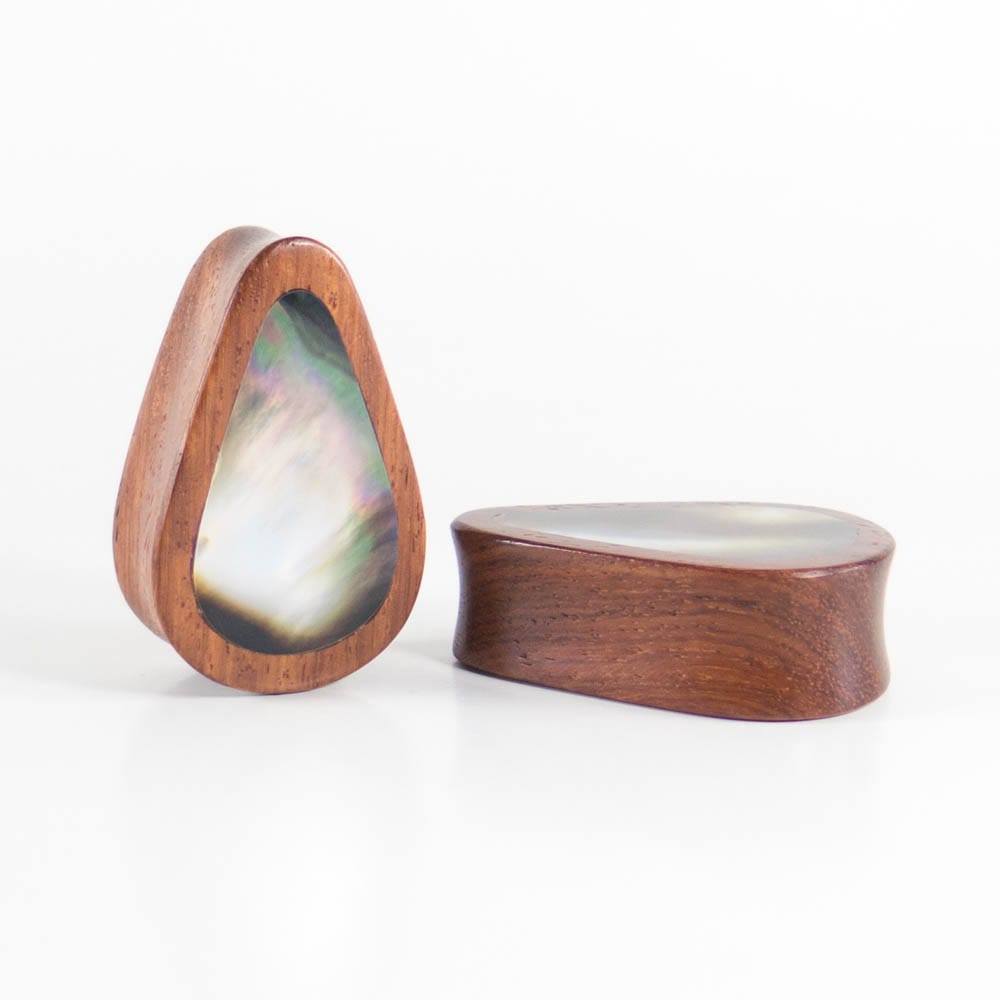 Red Wood  Double Flared Tall Teardrop Plugs with Black Pearl Shell Inlay