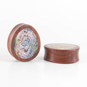 Red Wood Double Flared Oval Plugs with Abalone Shell Inlay