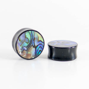 Buffalo Horn , Double Flared Round Plugs with Abalone Shell Inlay
