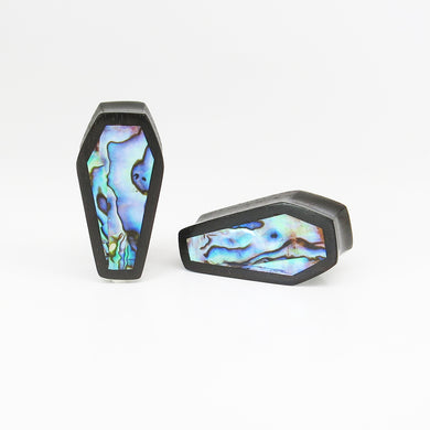 Black Wood Double Flared Coffin Plugs with Abalone Shell Inlay