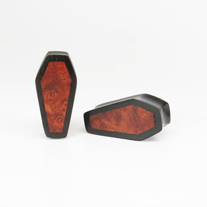 Black Wood Double Flared Coffin Plugs with Burl Walnut Inlay