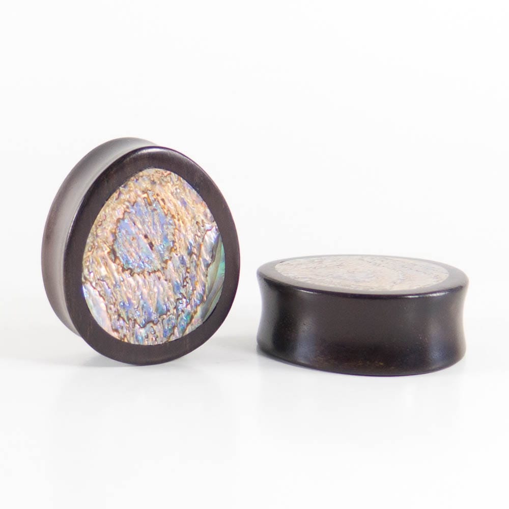 Black Wood Double Flared Oval Plugs with Abalone Shell Inlay