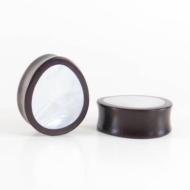 Black Wood Double Flared Oval Plugs with Mother of Pearl Shell Inlay