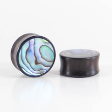 Load image into Gallery viewer, Black Wood, Double Flared Round Plugs with Abalone Shell Inlay
