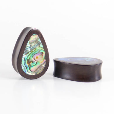 Black Wood Double Flared Teardrop Plugs with Abalone Shell