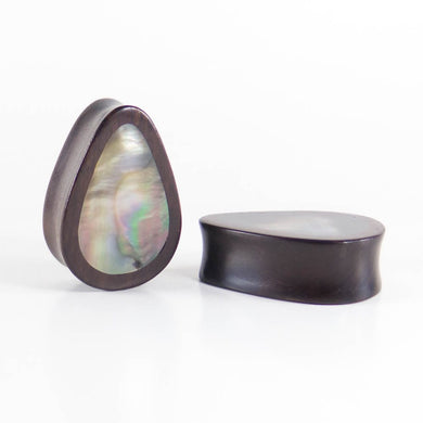 Black Wood Double Flared Teardrop Plugs with Black Pearl Shell Inlay