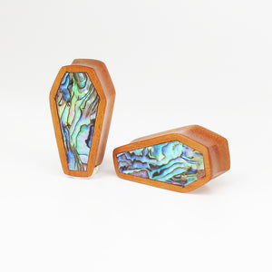Bronze Wood Double Flared Coffin Plugs with Abalone Shell Inlay