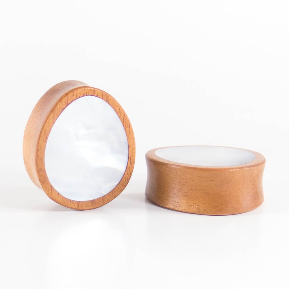 Bronze Wood Double Flared Oval Plugs with Mother of Pearl Shell Inlay