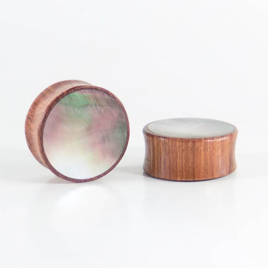 Bronze Wood Double Flared Plugs with Black Pearl Shell Inlay