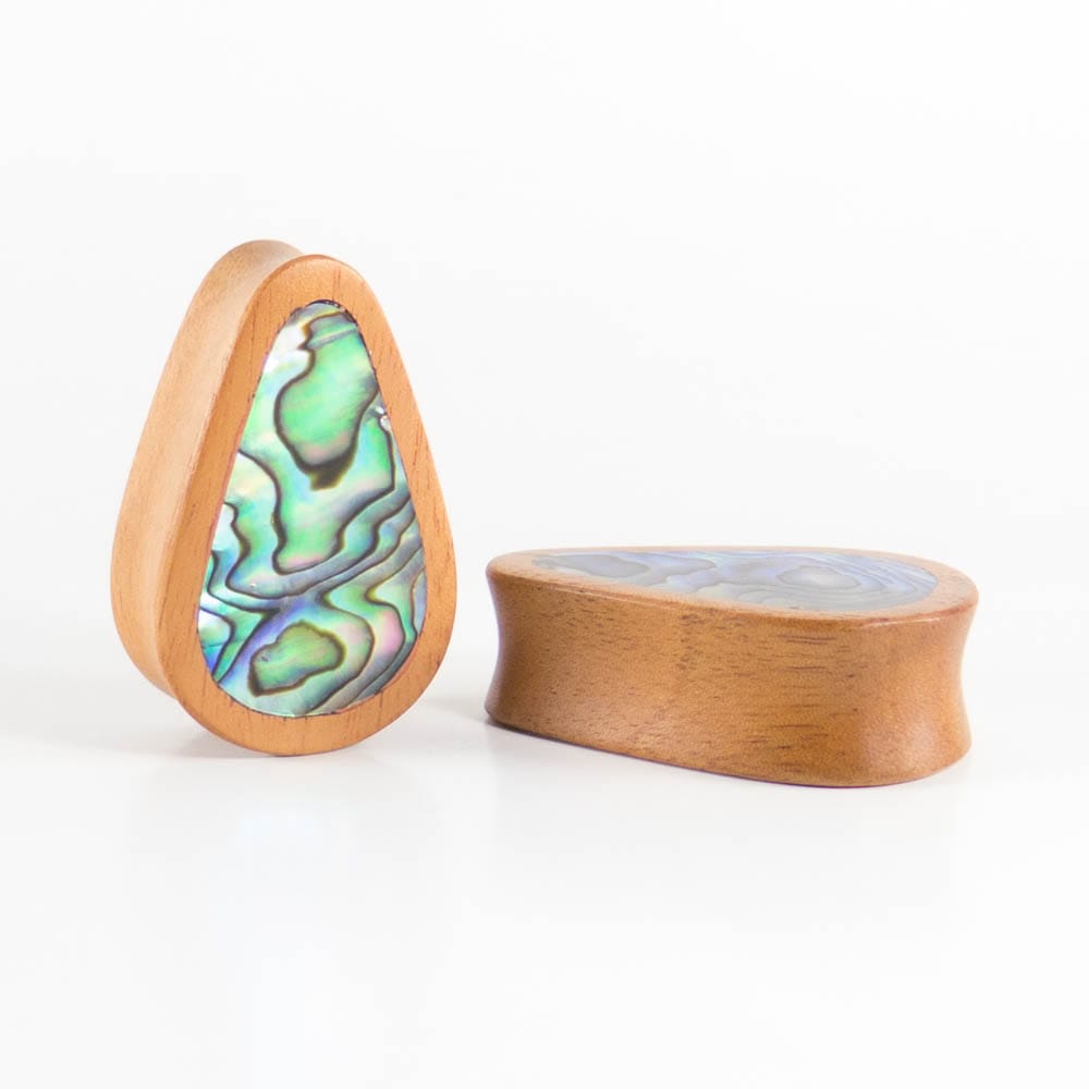 Bronze Wood Double Flared Tall Teardrop Plugs with Abalone Shell Inlay