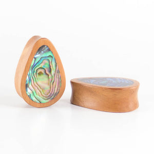 Bronze Wood Double Flared Teardrop Plugs with Abalone Shell