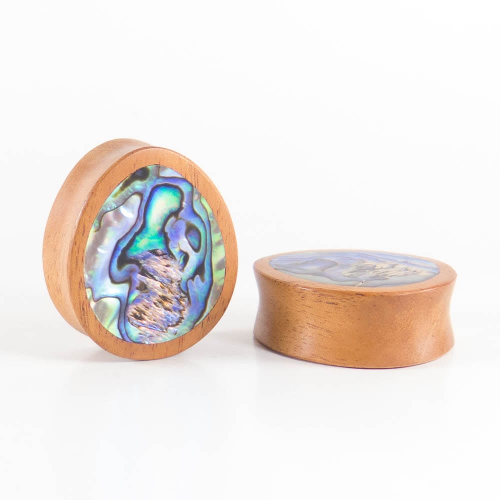 Bronze Wood Double Flared Oval Plugs with Abalone Shell Inlay