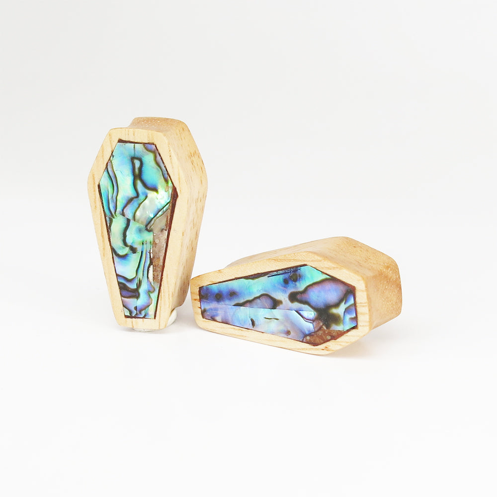 White Wood Double Flared Coffin Plugs with Abalone Shell Inlay