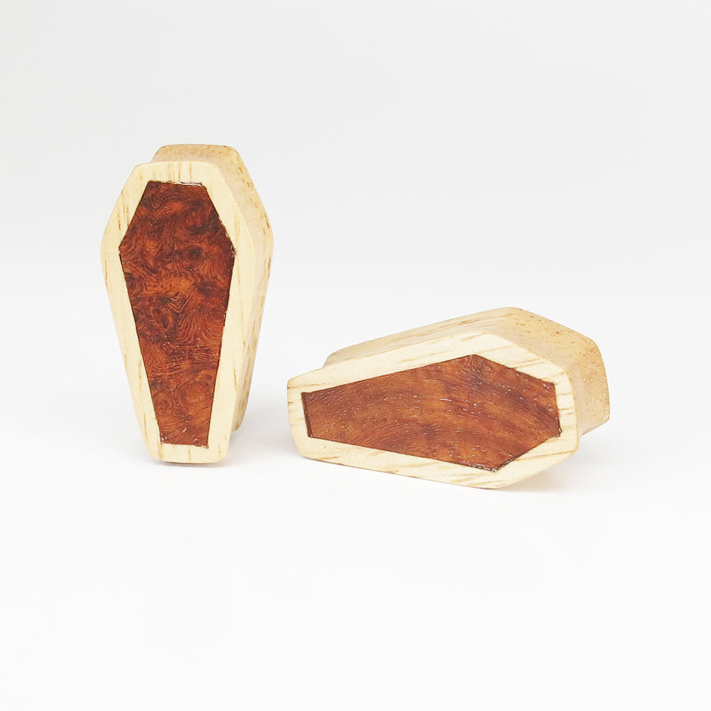 White Wood Double Flared Coffin Plugs with Burl Walnut Inlay