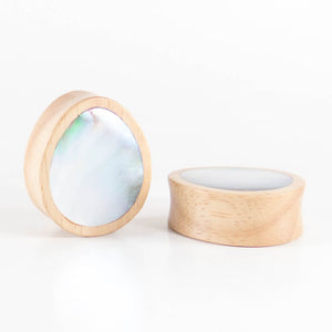 White Wood Double Flared Oval Plugs with Mother of Pearl Shell Inlay