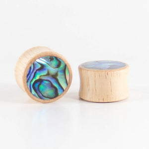 White Wood , Double Flared Round Plugs with Abalone Shell Inlay