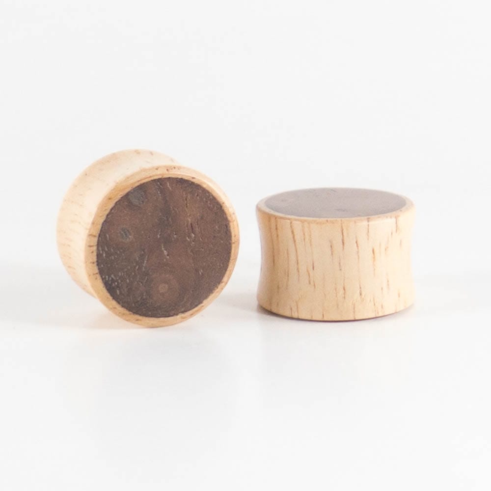 White Wood Double Flared Plugs with Burl Walnut Inlay
