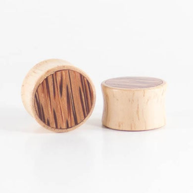 White Wood Double Flared Plugs with Coconut Palm Inlay