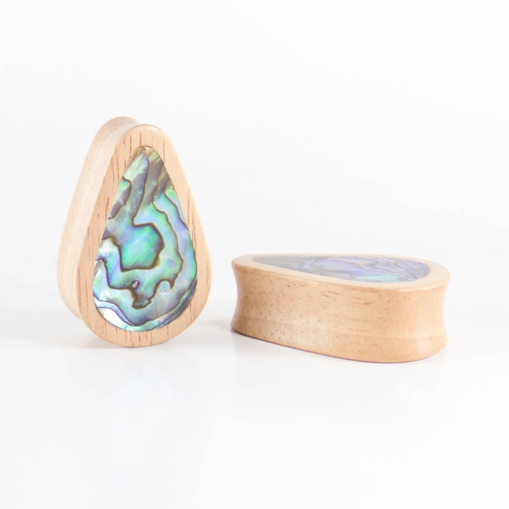 White Wood Double Flared Tall Teardrop Plugs with Abalone Shell Inlay