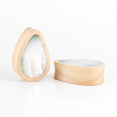 White Wood Double Flared Teardrop Plugs with Mother of Pearl Inlay