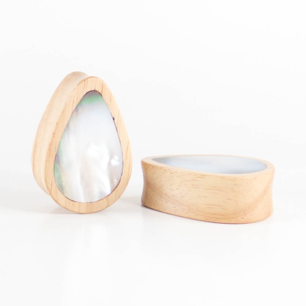White Wood Double Flared Teardrop Plugs with Mother of Pearl Inlay