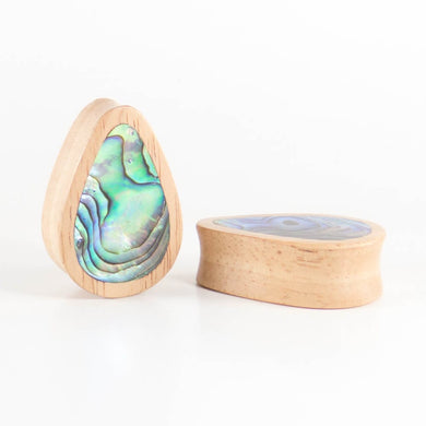 White Wood Double Flared Teardrop Plugs with Abalone Shell