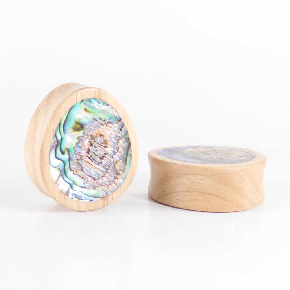White Wood Double Flared Oval Plugs with Abalone Shell Inlay